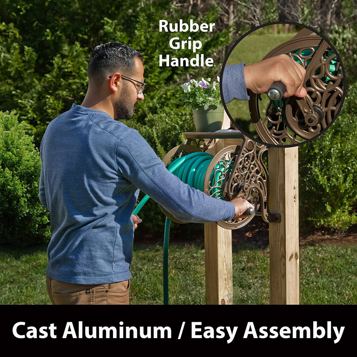 Elegant Bronze Decorative Cast Aluminum Wall-Mount Garden Hose Reel - Holds 125 Feet of 5/8-Inch Hose