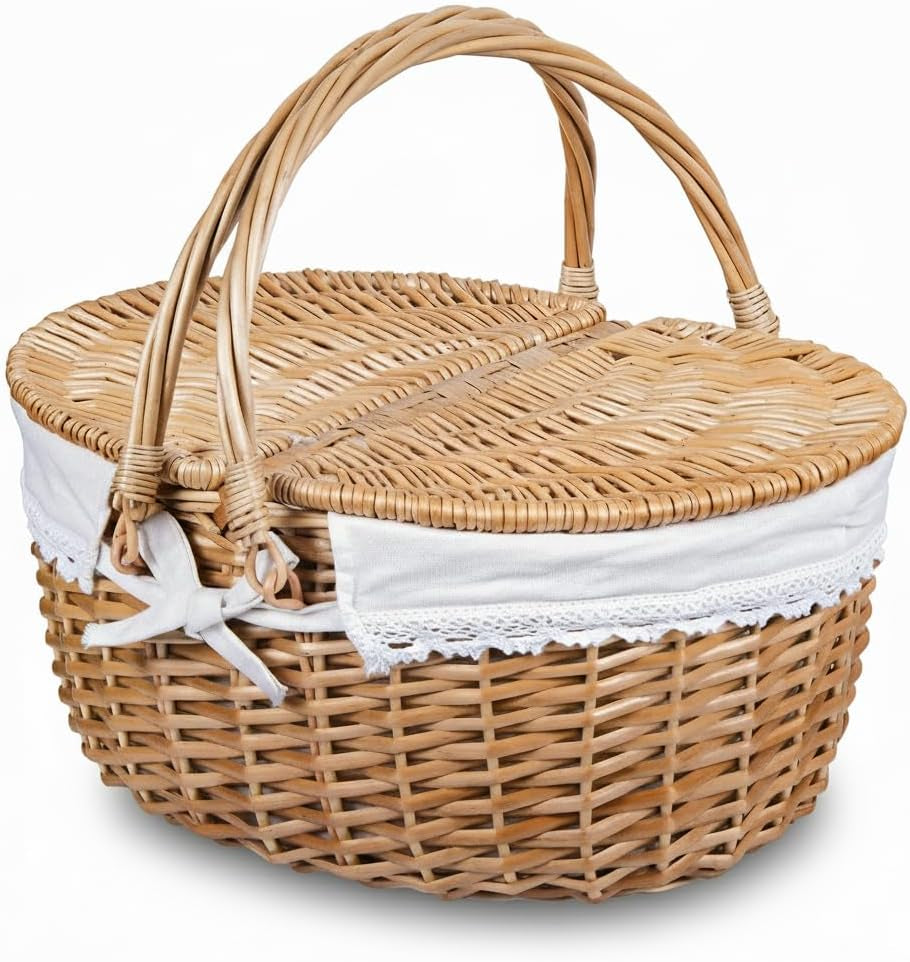 Wicker Picnic Basket with Lid and Handle 15" Sturdy Woven Body with Washable Lining for Easter,Mother'S Day,Outdoor Camping,Not Dyed