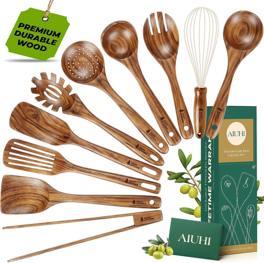 10Pcs Wooden Kitchen Utensils, Teak Wood Utensil Set for Kitchen, Heat-Resistant Wooden Spoons for Cooking, Nonstick Wood Spatula Soup Ladle Tong Egg Whisk