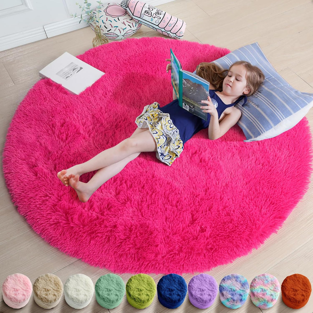 Hot Pink Plush round Circle Rug 5Ft for Girls Bedroom Playroom