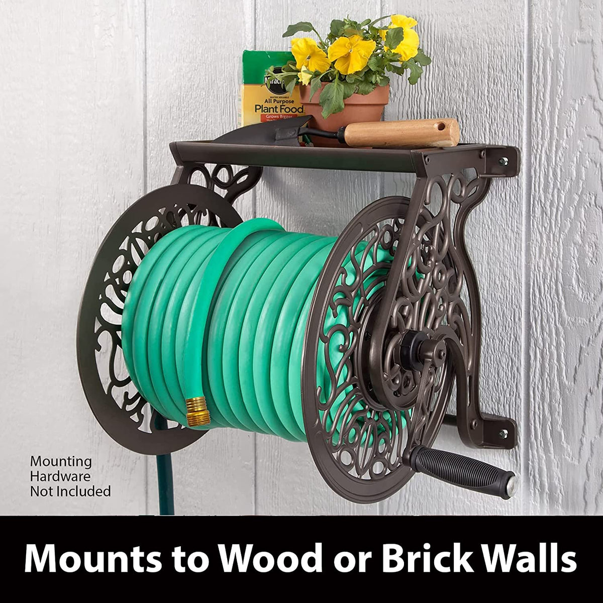 Elegant Bronze Decorative Cast Aluminum Wall-Mount Garden Hose Reel - Holds 125 Feet of 5/8-Inch Hose