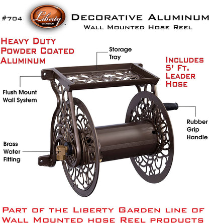 Elegant Bronze Decorative Cast Aluminum Wall-Mount Garden Hose Reel - Holds 125 Feet of 5/8-Inch Hose