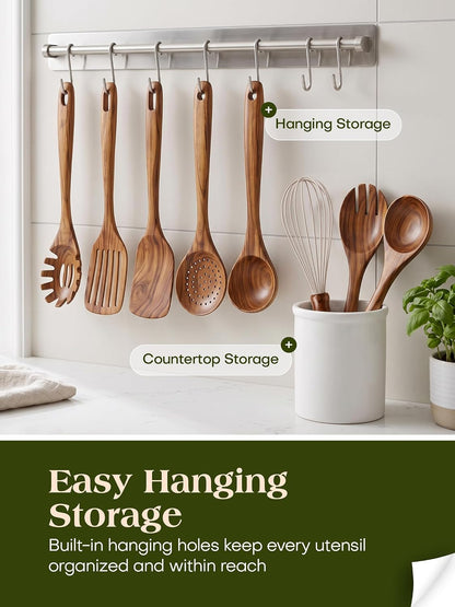 10Pcs Wooden Kitchen Utensils, Teak Wood Utensil Set for Kitchen, Heat-Resistant Wooden Spoons for Cooking, Nonstick Wood Spatula Soup Ladle Tong Egg Whisk