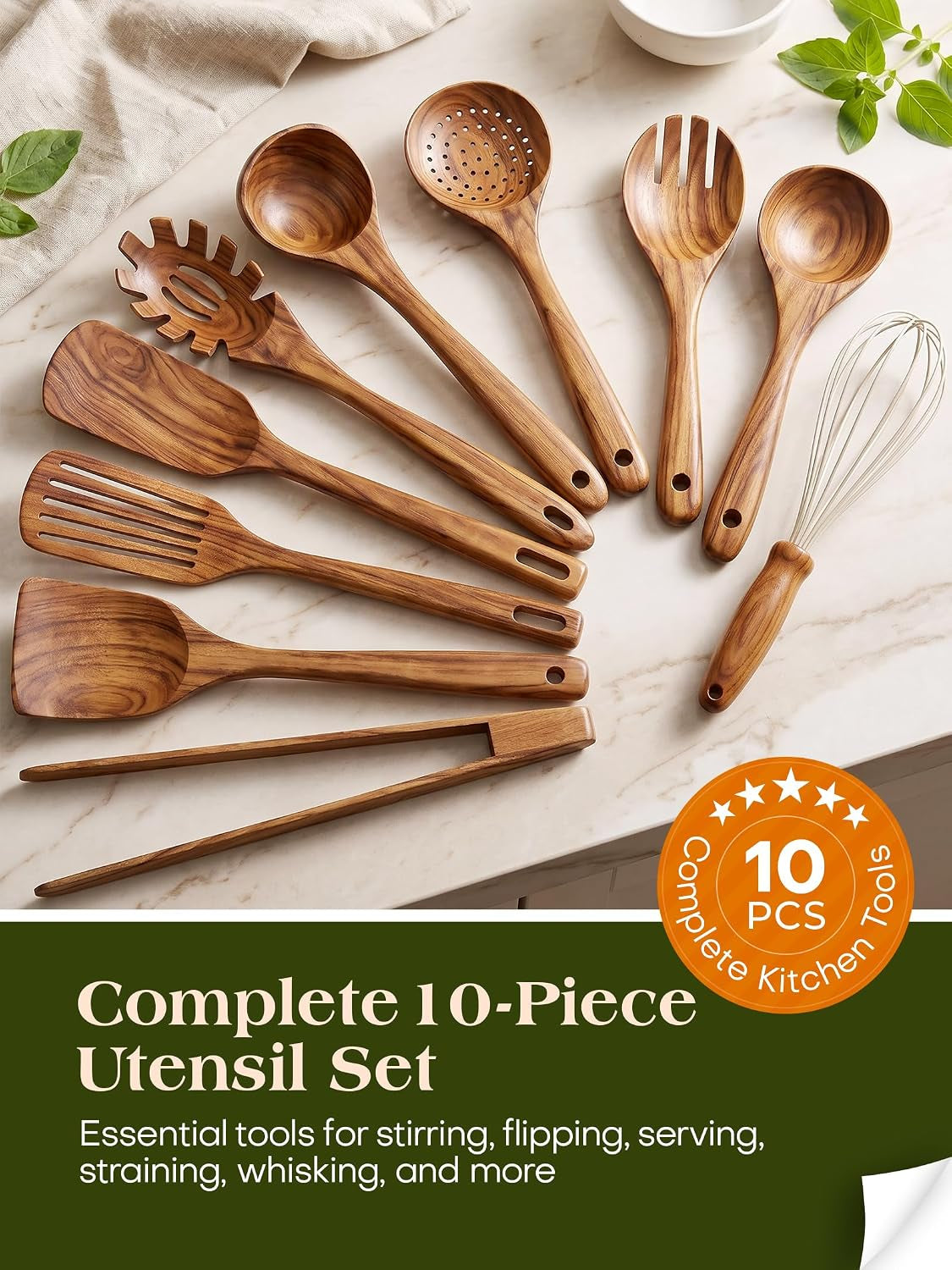 10Pcs Wooden Kitchen Utensils, Teak Wood Utensil Set for Kitchen, Heat-Resistant Wooden Spoons for Cooking, Nonstick Wood Spatula Soup Ladle Tong Egg Whisk