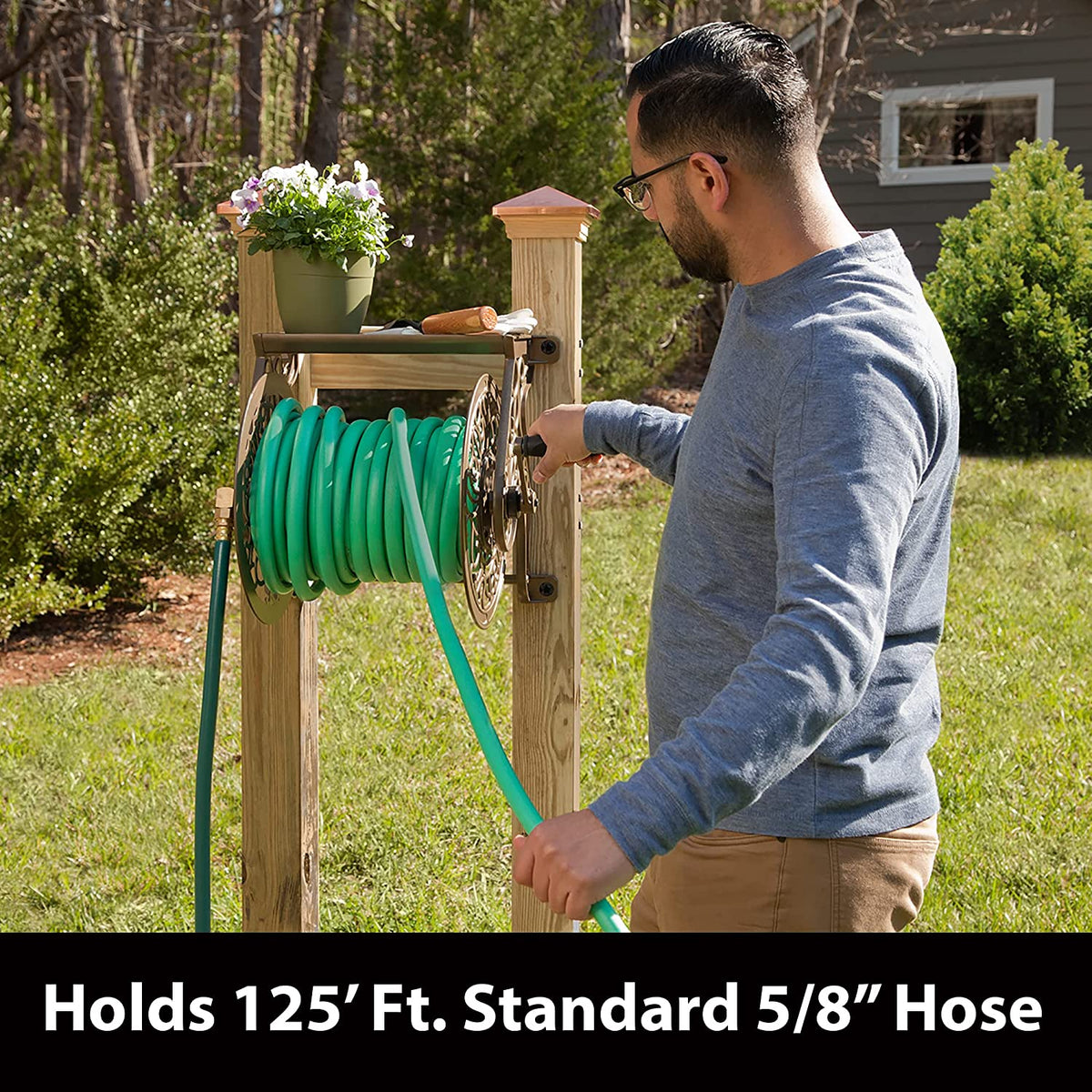 Elegant Bronze Decorative Cast Aluminum Wall-Mount Garden Hose Reel - Holds 125 Feet of 5/8-Inch Hose