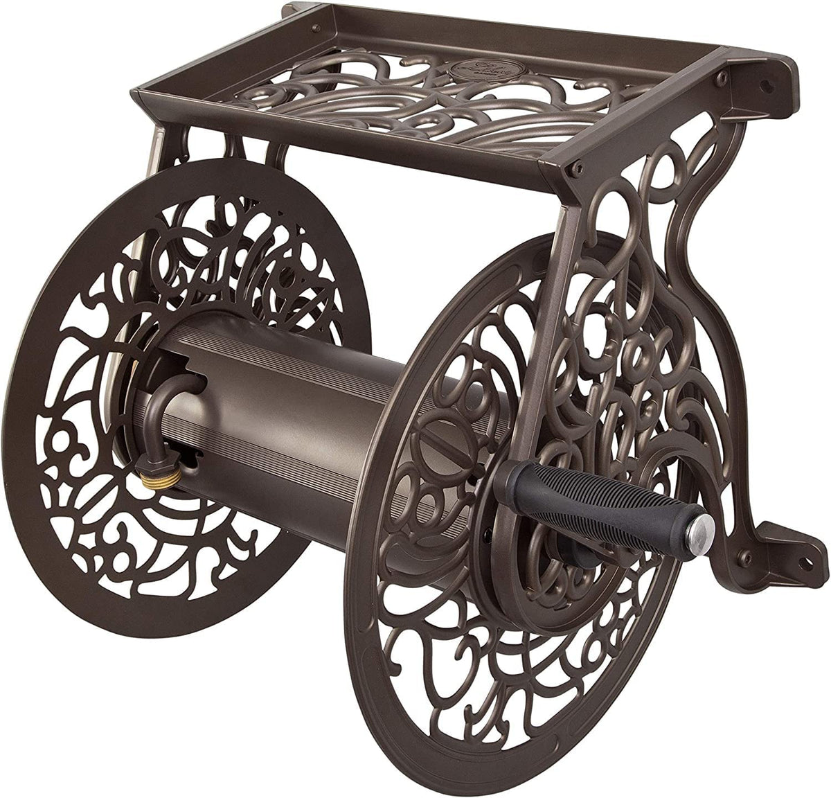 Elegant Bronze Decorative Cast Aluminum Wall-Mount Garden Hose Reel - Holds 125 Feet of 5/8-Inch Hose