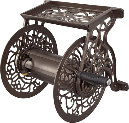 Elegant Bronze Decorative Cast Aluminum Wall-Mount Garden Hose Reel - Holds 125 Feet of 5/8-Inch Hose