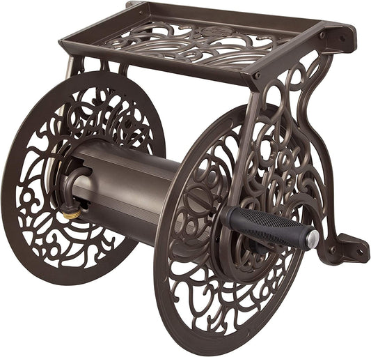 Elegant Bronze Decorative Cast Aluminum Wall-Mount Garden Hose Reel - Holds 125 Feet of 5/8-Inch Hose