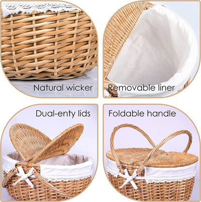 Wicker Picnic Basket with Lid and Handle 15" Sturdy Woven Body with Washable Lining for Easter,Mother'S Day,Outdoor Camping,Not Dyed