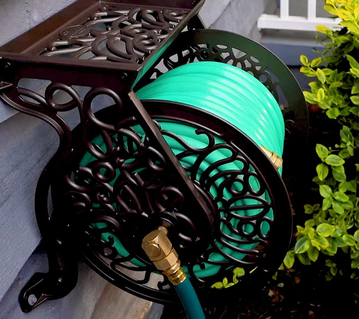 Elegant Bronze Decorative Cast Aluminum Wall-Mount Garden Hose Reel - Holds 125 Feet of 5/8-Inch Hose