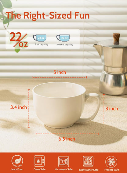Porcelain 22Oz Large Coffee Mugs Set of 4, Large Soup Mug with Handles Perfect for Coffee, Tea, Hot Chocolate, Microwave Safe, White