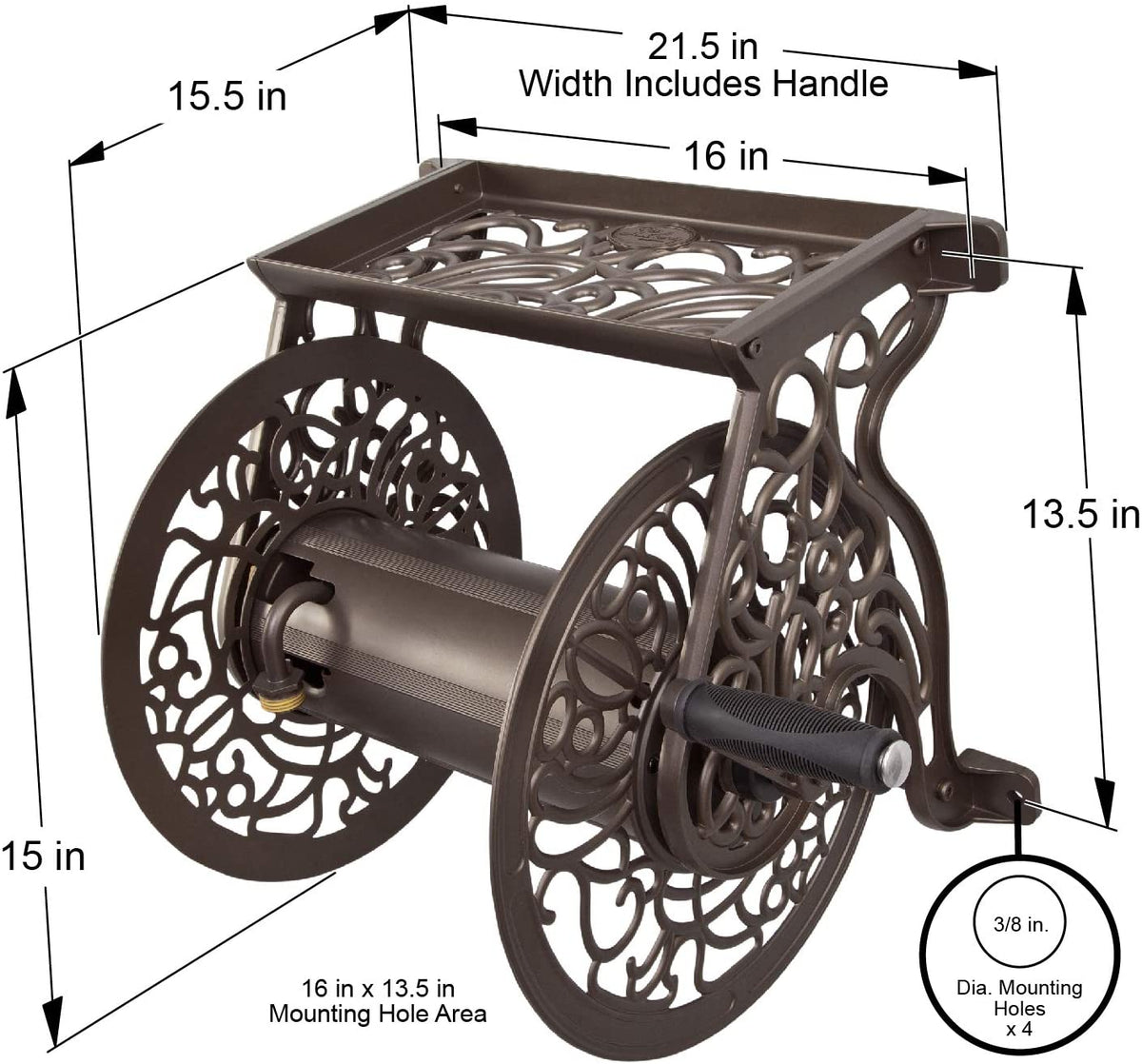 Elegant Bronze Decorative Cast Aluminum Wall-Mount Garden Hose Reel - Holds 125 Feet of 5/8-Inch Hose